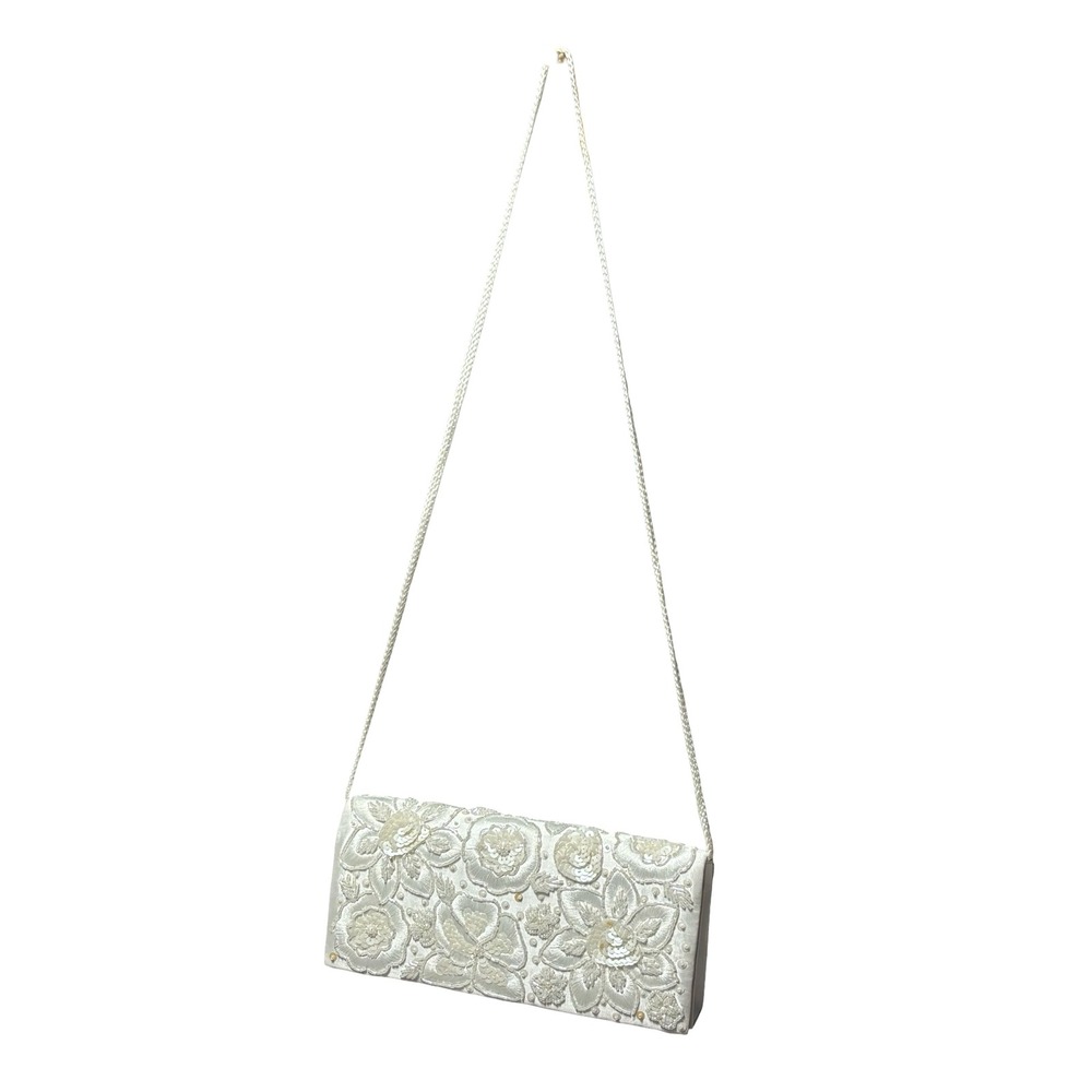 Vintage White Beaded Floral Sequin Satin Bridal Evening Clutch Shoulder Bag